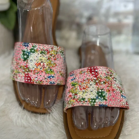 Embellished Pink Floral Slide Sandals - Picture 5 of 6